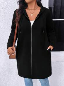 SHEIN LUNE 加大码纯色长袖前拉链简约连帽外套，休闲日常穿着 - 黑色 - 查看 4