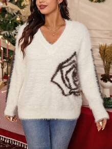 SHEIN LUNE Plus Size Colorblock Floral Print Knit Sweater, Autumn/Winter Knit Pullover Fall - Multicolor - View 6