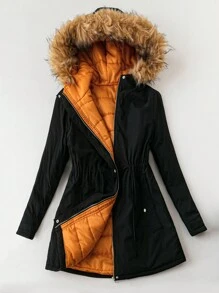SHEIN LUNE Plus Size Women Drawstring Waist Hooded Loose Casual Parka Padded Coat, Winter - Black - View 2