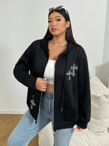 SHEIN EZwear Plus Size Women's Rhinestone Embellished Hooded Zip Up Sweatshirt - Black - View 3