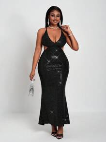 Slaydiva Black Glitter Knitted Long Dress, Elegant Hollow-Out Fitted Party Dress Suitable For Party, Valentine's Day, Date Night - Black - View 9
