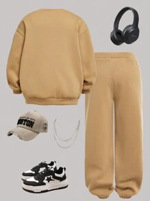 2pcs Set Tween Girls' Loose Casual Chic Embroidered Sweatshirt And Tapered Sweatpants, Thermal Lined , Thickened - Khaki - View 2