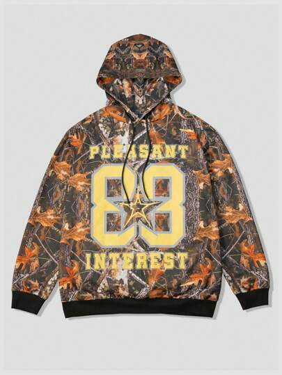Street Life Sudadera holgada de estilo callejero con estampado integral de ramas de árbol y camuflaje para hombre