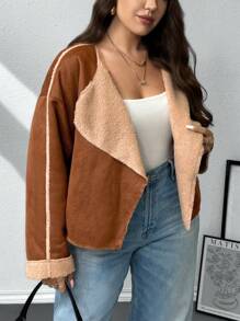 SHEIN Privé 大码女式咖啡棕色蓬松内衬保暖毛绒夹克，秋冬款 - 咖啡棕 - 查看 9