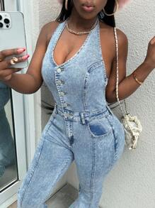 Slaydiva Damen Jeans-Latzhose und Jumpsuits Sexy taillierter Bodycon-Jumpsuit mit ausgestelltem Bein, blauer rückenfreier Jumpsuit, sexy Jumpsuit mit Hohlräumen, Thanksgiving-Outfit für Frauen - Helle Waschung - Übersicht 4