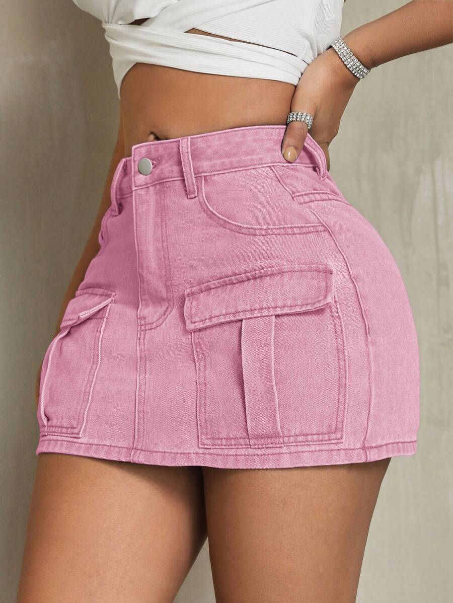 SHEIN SXY Minifalda de mezclilla de unicolor para mujer - Rosa - Ver 1