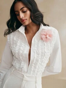 Anewsta Ruffled Shirt Set For Women, Autumn/Winter - White - View 5