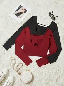 SHEIN Unity Women's Solid Color Square Neck Long Sleeve Casual T-Shirt, Autumn Fall Cloth For Women - Multicolor - View 2
