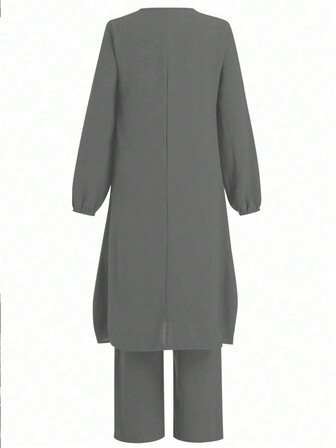 Women Solid Color Round Neck Asymmetric Hem Long Sleeve Top And Elastic Waist Pants 2 Pieces Set, Casual