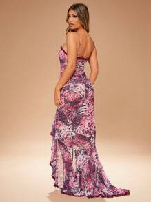 Hauture Vestido maxi con recortes, estampado de mariposas y volantes - Morado - Ver 4