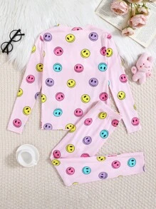 SHEIN Leap Crew 2pcs Tween Girls Smiling Face Pattern Crew Neck Raglan Long Sleeve Top And Pants Cute Casual Pajama Set - Pink - View 2
