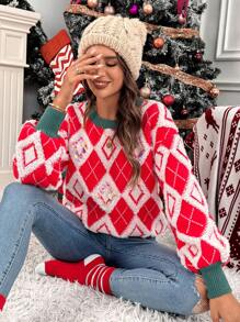 Chiquease 女士拼色饰边几何印花圆领长袖毛衣