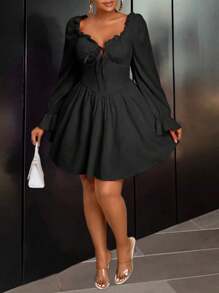 Maweii Vestido corto de manga larga con cuello con escote de corazón y lazo delantero, unicolor con volantes, talla grande para mujer - Negro - Ver 3