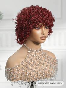 פאות שיער טבעי קצרות, אפרו קינקי מתולתל עם פוני, בורדו, פאת אפרו תלתל, לשימוש יומיומי - S99J - ראה 5