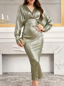 Modelyn Vestido elegante y brillante de silueta sirena de manga murciélago apretado para mujer, vestido de noche largo