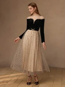 MOTF PREMIUM MESH PANEL HEART PRINT FRILL MOCK NECK BELTED LONG DRESS, WOMEN OUTFIT - Black - View 5