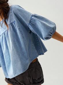 Bohemela Loose Fit Green Women's Vacation Puff Sleeve Shirt