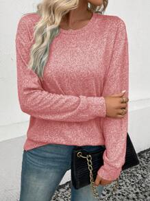 SHEIN LUNE Women's Solid Color Crew Neck Dropped Shoulder Long Sleeve Loose Casual T-Shirt - Watermelon Pink - View 5