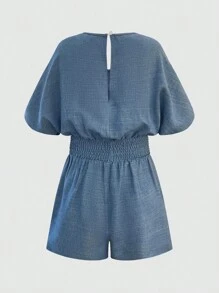 EMERY ROSE V-Neck Open Shoulder Pleated Jumpsuit - Blue - View 2