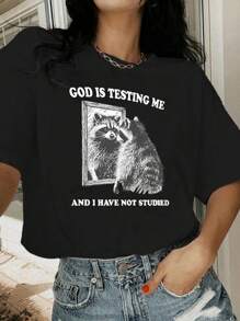 INAWLY 女士夏季休闲宽松浣熊印花圆领落肩 T 恤图案 T 恤女式上衣 - 黑色 - 查看 1