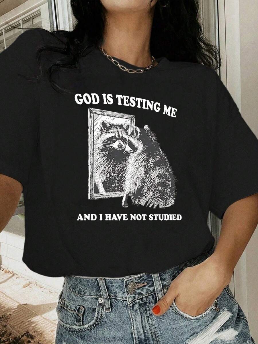 INAWLY 女士夏季休闲宽松浣熊印花圆领落肩 T 恤图案 T 恤女式上衣 - 黑色 - 查看 1