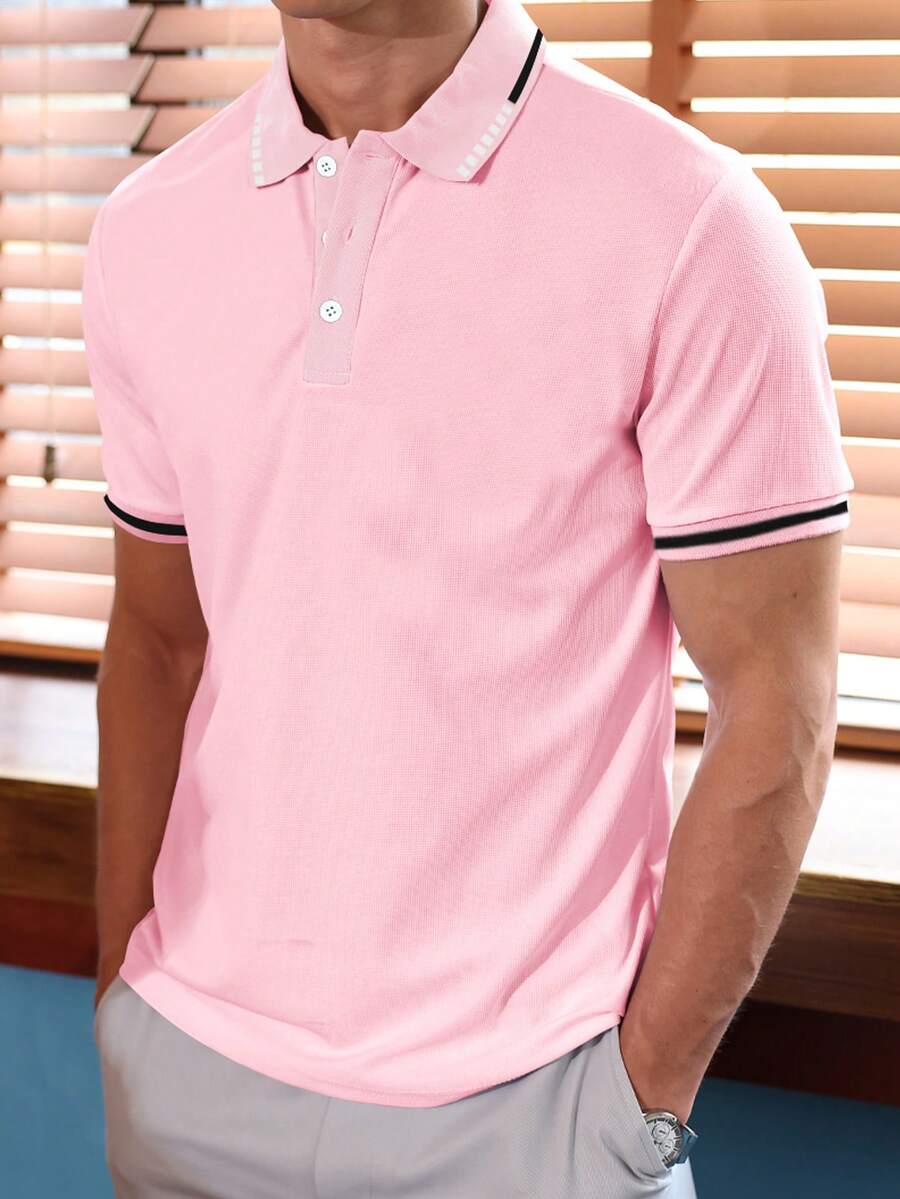 Manfinity Homme Áo thun polo tay ngắn họa tiết tương phản thường ngày dành cho nam - Hồng - Xem 1