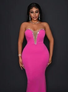 Slaydiva 新款优雅派对性感约会裹胸无袖钻石链装饰前中网眼镂空拼接后中高开叉修身长裙玫粉色针织女式高腰连衣裙-G