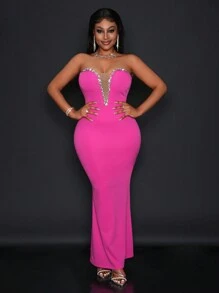 Slaydiva 新款优雅派对性感约会裹胸无袖钻石链装饰前中网眼镂空拼接后中高开叉修身长裙玫粉色针织女式高腰连衣裙-G