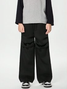 Casual Pleated Relaxed Straight Sweatpants For Tween Boys - Black - View 3