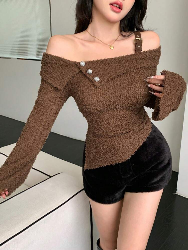 1pc Women's Asymmetric Off Shoulder Long Sleeve Casual T-Shirt,Back To School Clothes,Fall Women Clothes Going Out Tops Women