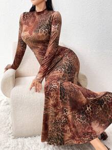 Modelyn Đầm dài tay thanh lịch cổ đứng in họa tiết toàn thân cho nữ, váy dạ hội dài - màu nâu - Xem 1