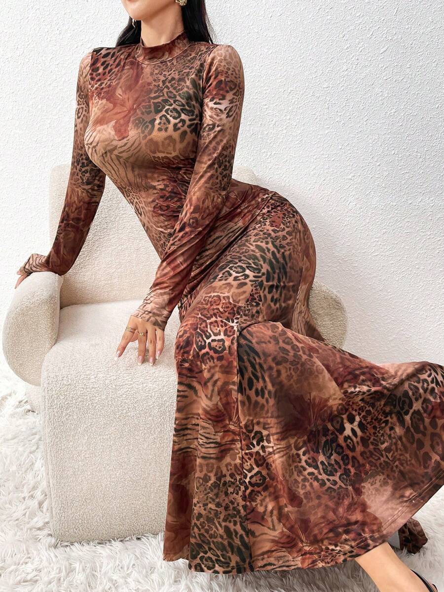 Modelyn Đầm dài tay thanh lịch cổ đứng in họa tiết toàn thân cho nữ, váy dạ hội dài - màu nâu - Xem 1