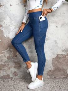Jeans casuales de unicolor y sencillos para mujer - Negro - Ver 1