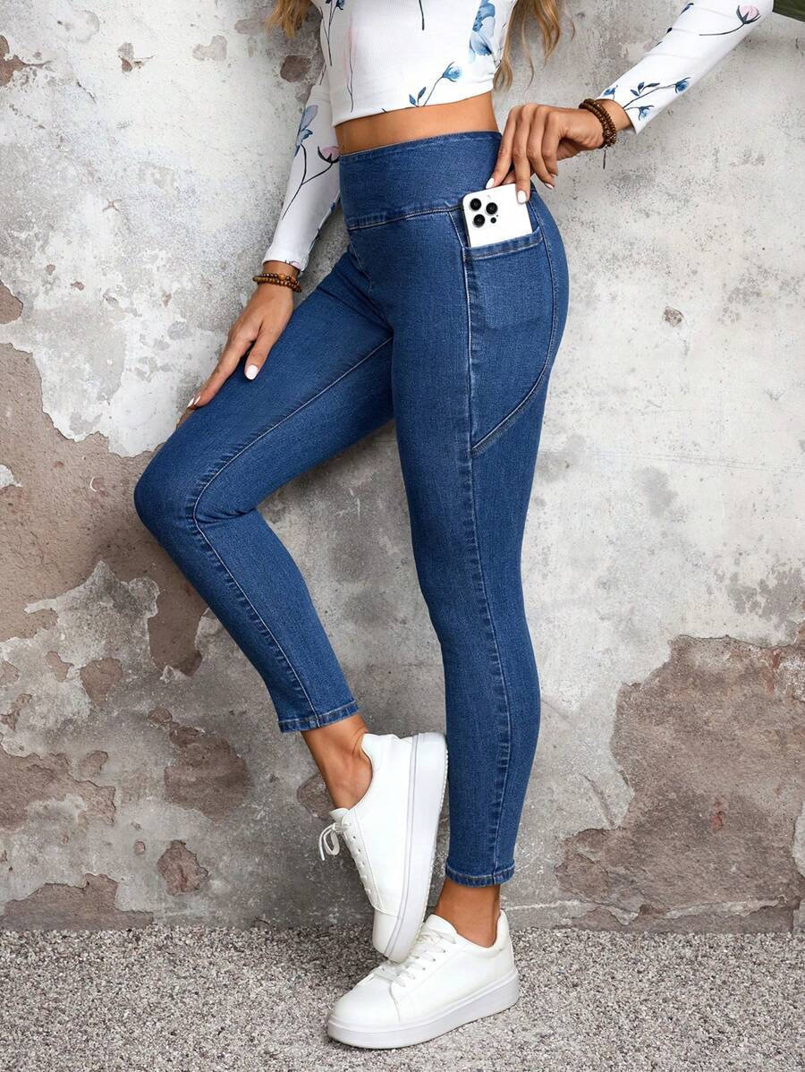 Jeans casuales de unicolor y sencillos para mujer - Negro - Ver 1