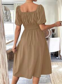 Rafferiza Spring/Summer Green Square-Neck Puff Sleeve Dress With Cinched Waist For Women - Khaki - View 2