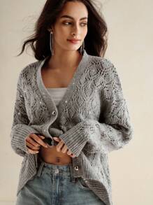 Anewsta 女士休闲柔软亮片开衫 - 灰色 - 查看 5