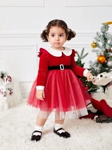 SHEIN Đầm công chúa Giáng sinh dễ thương cho bé gái, cổ xếp nếp lưới màu đỏ tương phản, tay dài, thắt lưng, mùa thu/đông - Đỏ - Xem 1