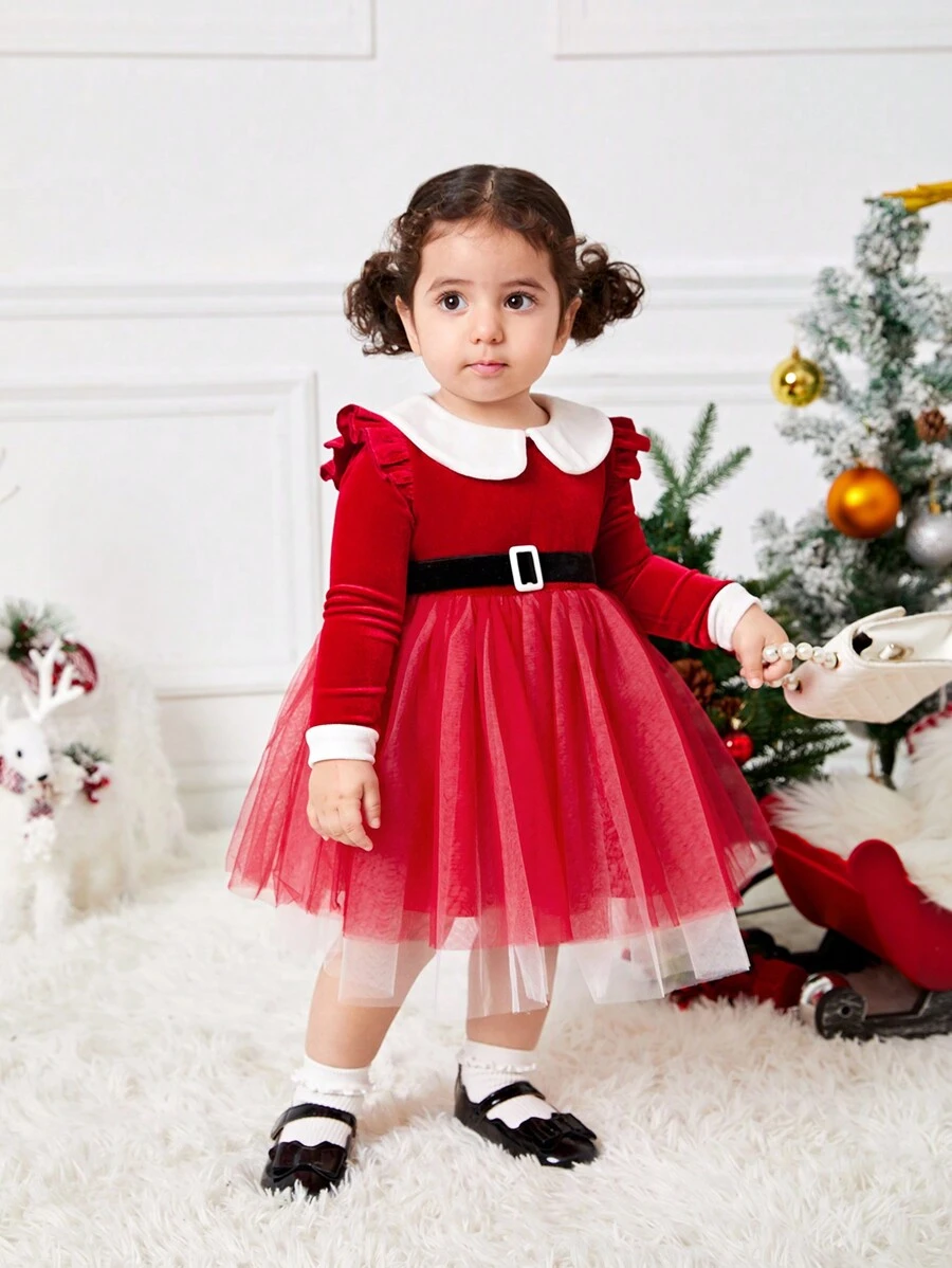 SHEIN Đầm công chúa Giáng sinh dễ thương cho bé gái, cổ xếp nếp lưới màu đỏ tương phản, tay dài, thắt lưng, mùa thu/đông - Đỏ - Xem 1