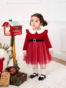 SHEIN Đầm công chúa Giáng sinh dễ thương cho bé gái, cổ xếp nếp lưới màu đỏ tương phản, tay dài, thắt lưng, mùa thu/đông - Đỏ - Xem 5