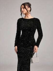 Coutiva 女装时尚秋冬宴会派对公主名媛优雅网红日常可穿流行连衣裙。超高弹力亮片面料修身收腰提臀超长连衣裙，领口一字肩设计时尚修身扭纹设计连衣裙，红色连衣裙正式晚宴连衣裙，圣诞节可穿圣诞连衣裙，特殊背部设计真丝面料拼接时尚修身，黑色长袖舞会晚礼服，适合婚礼嘉宾，毕业典礼