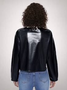 Forever 21 前拉链长袖休闲 PU 黑色简约夹克 - 黑色 - 查看 4