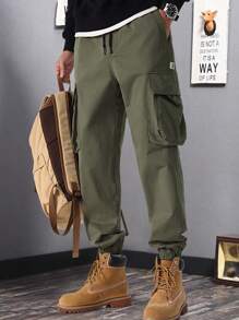 Manfinity Roghcode Men's Casual Solid Color Drawstring Waist Cargo Pants - Army Green - View 1