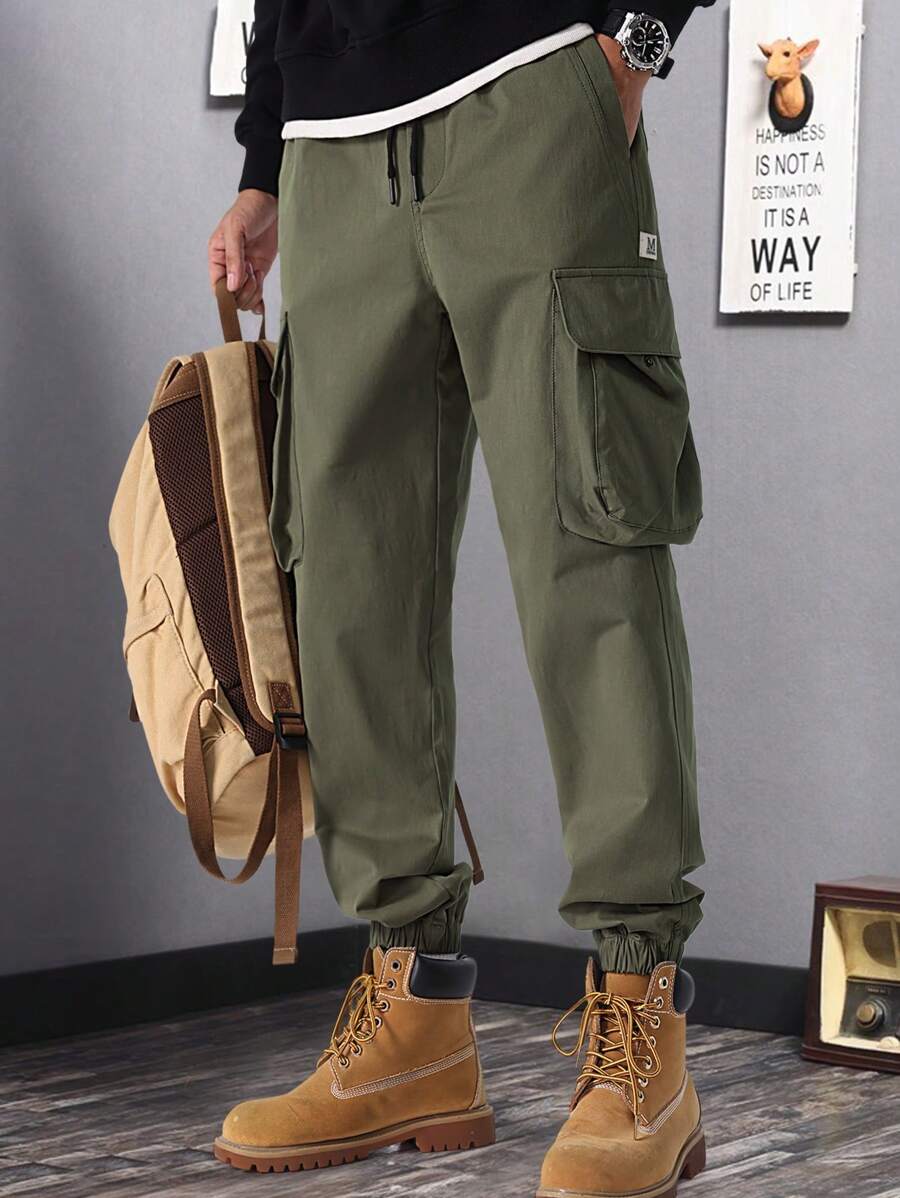 Manfinity Roghcode Men's Casual Solid Color Drawstring Waist Cargo Pants - Army Green - View 1