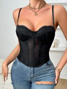 Chiquease Camiseta de tirantes de mujer unicolor con parches de encaje - Negro - Ver 4