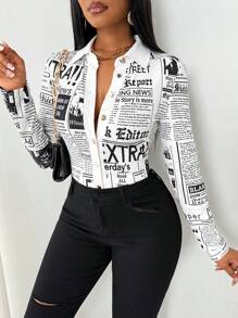 Zolique Áo sơ mi nữ tay dài đơn hàng khuy in khẩu hiệu mùa thu, áo dài tay - trắng - Xem 7