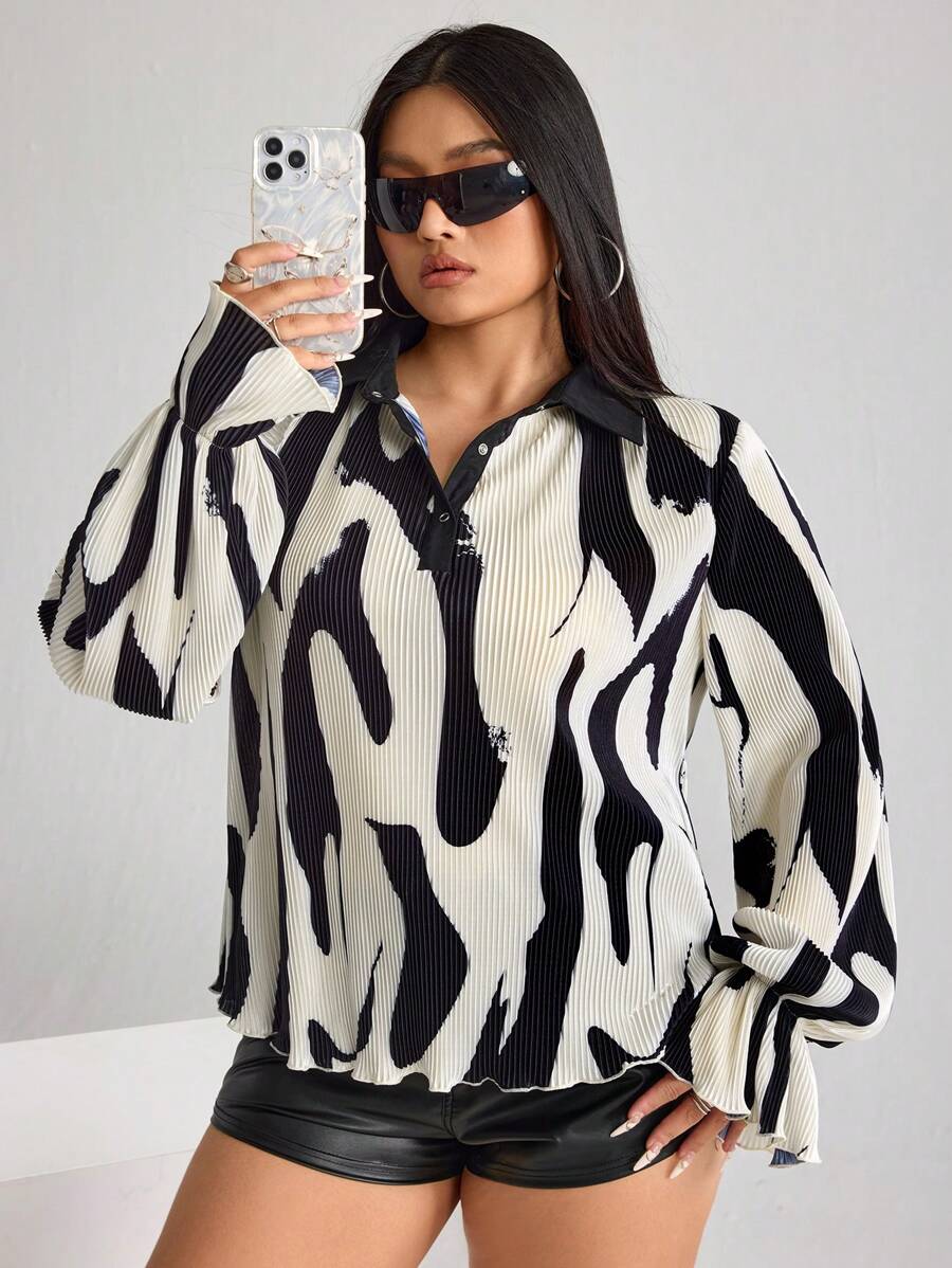 SHEIN ICON ICON Plus Graphic Print Puff-Sleeve Button-Front Pleated Shirt - Black and White - View 1