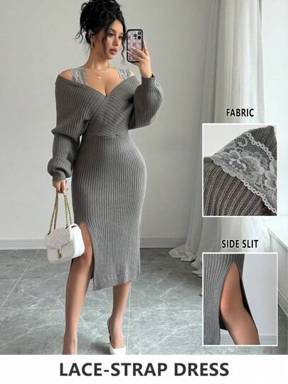 Chiquease Elegant Waisted Lace Trimmed Knitted Sweater Dress, Unique Design Fall Winter Cloth For Women