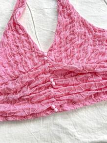 Soleia Set: Fitted Knit V-Neck Backless Tank Top & Pleated Double Layer Hem Mini Skirt, Romantic Casual Vacation Women 2pcs Set - Pink - View 5