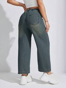 女士休闲宽松松紧腰直筒牛仔裤，适合春夏季 - 軍綠色 - 查看 2