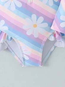 1pc Young Girls Random Striped & Floral Print One-Piece Swimsuit - Multicolor - View 5